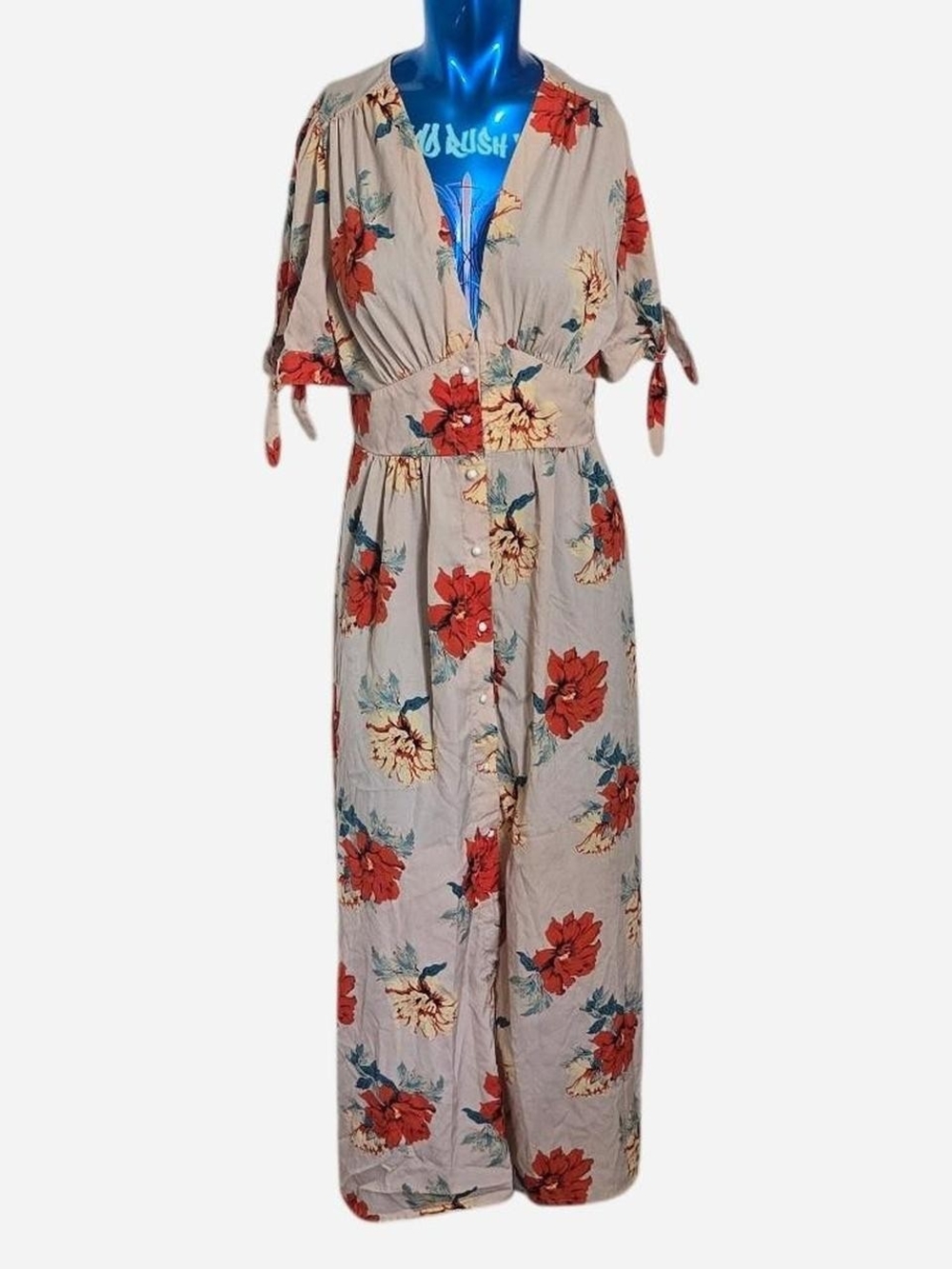 Simplee Apparel Beige Maxi Dress with Red Floral Print